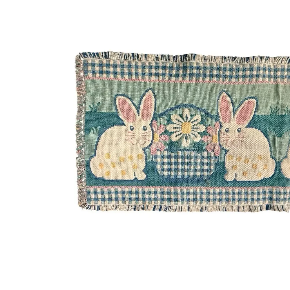 Table Runner Cotton Tapestry Bunny Rabbit Easter Decor Spring Fringed Edge
